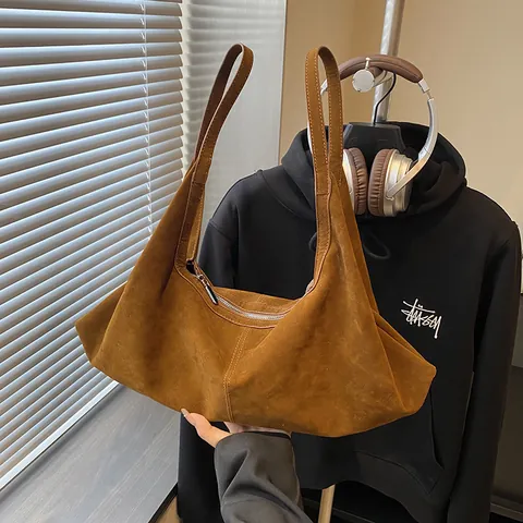 Vintage Wildleder Hobo Tasche Für Damen Große Kapazität Umhängetasche Koreanische Nische Einfarbig Zweiteiliges Set