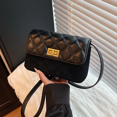 Damen Rautengesteppt Kleine Quadratische Tasche PU Leder Kontrastfarbe Wildlederoptik Goldener Drehverschluss Umhängetasche Schultertasche Vintage