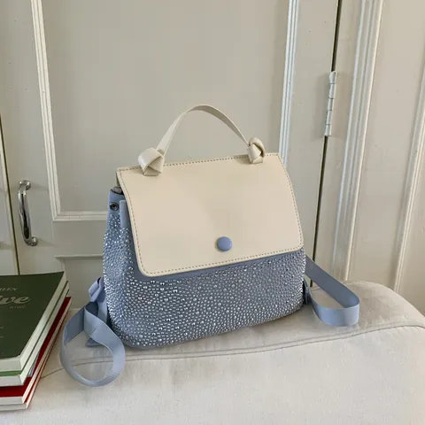 Women French Fashion Color Block Backpack Rhinestone Embellished PU Leather Handbag High Capacity Casual Daypack For Ladies