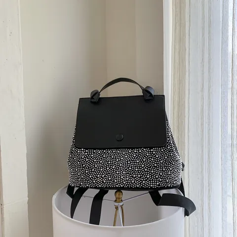 Women French Fashion Color Block Backpack Rhinestone Embellished PU Leather Handbag High Capacity Casual Daypack For Ladies