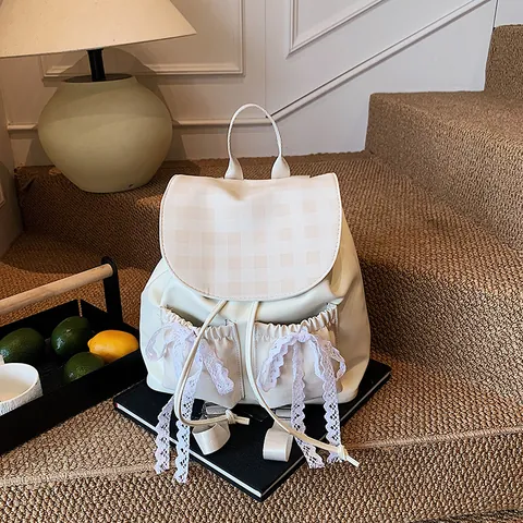 Damen Preppy PU-Leder Rucksack Mit Kariertem Muster Spitze Schleife Akzente Mode Koreanisch Minimalistisch Schule Daypack Für Mädchen