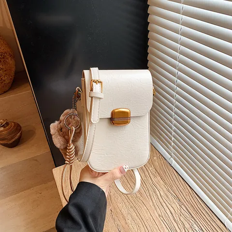 Vintage PU Leather Women Crossbody Phone Bag Minimalist Litchi Texture Small Square Shoulder Bag With Plush Dog Pendant For Daily Casual