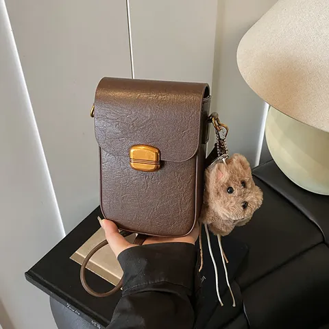 Vintage PU Leather Women Crossbody Phone Bag Minimalist Litchi Texture Small Square Shoulder Bag With Plush Dog Pendant For Daily Casual