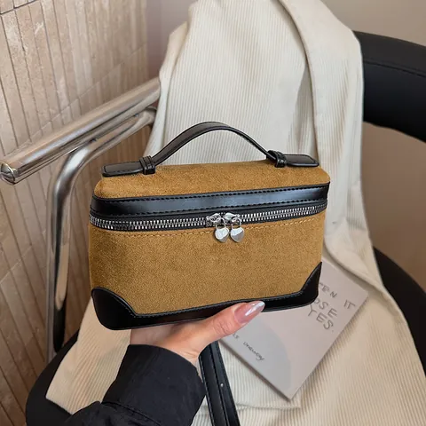 Women Vintage Faux Suede PU Patchwork Crossbody Bag Small Square Box Handbag With Heart Zipper Fashion Shoulder Bag