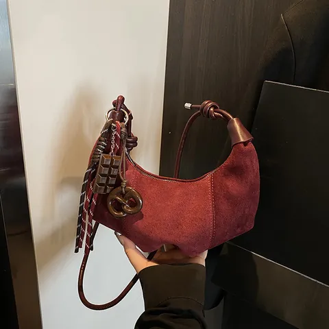 Vintage Faux Suede Crescent Underarm Bag For Women Retro Hobo Shoulder Bag With Knot Strap And Creative Chocolate Pretzel Charms Casual Handbag