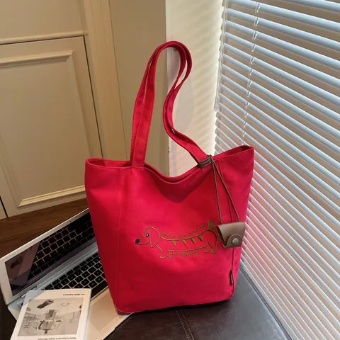 Borsa Tote in Tela a Grande Capacità per Donna Stile Coreano Ricamo Bassotto Borsa a Spalla Con Mini Ciondolo in Pelle