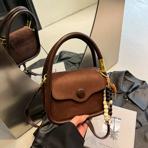 Vintage Suede Shoulder Bag For Women Retro Solid Color Handbag With Wooden Beads Crossbody Small Square Bag Daily Travel