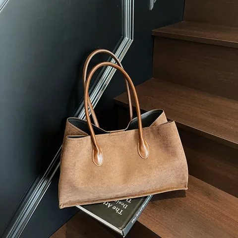 Borsa Tote Grande Capacità Minimalista Vintage Per Donna Borsa A Tracolla In Pelle PU Retrò Effetto Scamosciato Per Pendolari