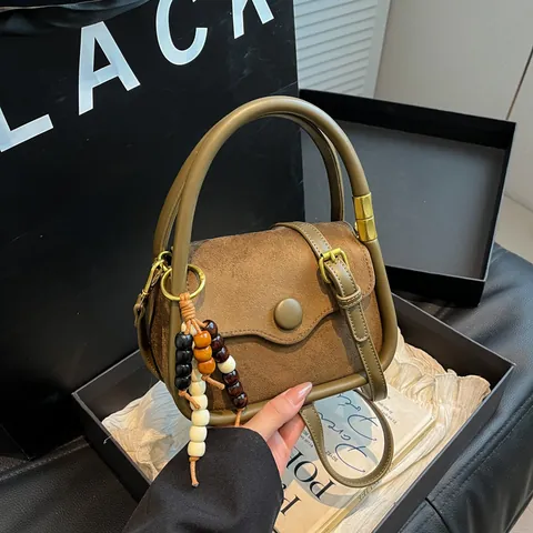 Vintage Suede Shoulder Bag For Women Retro Solid Color Handbag With Wooden Beads Crossbody Small Square Bag Daily Travel