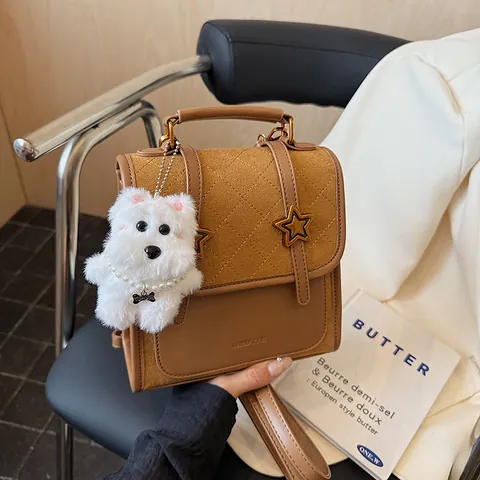 Vintage Wildleder PU Leder Patchwork Mini Rucksack Damen Gesteppt Stern Schnalle Schule Tasche Mit Plüsch Hund Anhänger Klein Reise Tasche