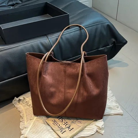 Minimalist Suede Large Capacity Tote Bag For Women With Inner Pouch Casual Solid Color Shoulder Handbag Autumn Office Bag