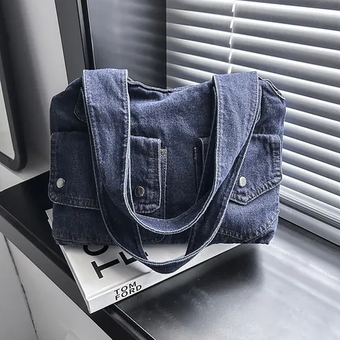 Large Capacity Denim Tote Bag For Women Vintage Casual Multi-Pocket Shoulder Bag Washed Denim Handbag Daily Commute Work Travel Shopper Bag