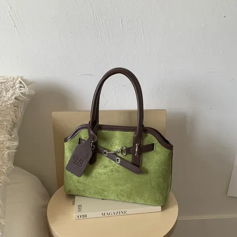 Women Vintage Faux Suede Tote Bag Minimalist PU Leather Handbag With Metal Buckle Large Capacity Shoulder Bag For Commute