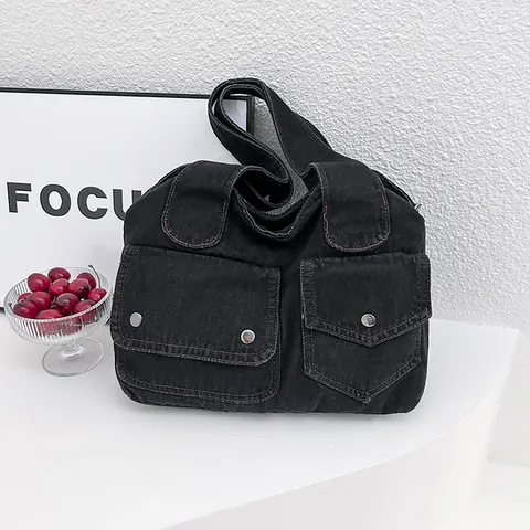 Large Capacity Denim Tote Bag For Women Vintage Casual Multi-Pocket Shoulder Bag Washed Denim Handbag Daily Commute Work Travel Shopper Bag