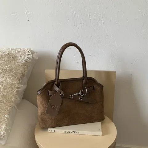 Women Vintage Faux Suede Tote Bag Minimalist PU Leather Handbag With Metal Buckle Large Capacity Shoulder Bag For Commute
