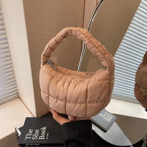 Mode Damen Gesteppte Puffer Tasche Gepolsterte Schultertasche Einfarbige Unterarmtasche Reißverschluss Lässige Handtasche Für Den Täglichen Weg