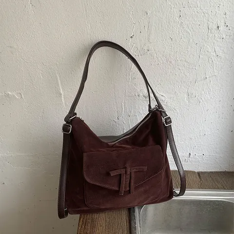 Bolso de Axila de Cuero PU de Gamuza Vintage para Mujer Gran Capacidad Bolso de Hombro Moda Coreana de Viaje Rojo Vino