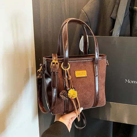 Women Spliced PU Suede Bucket Bag Retro Handheld Shoulder Crossbody Bag Contrast Color Gold Metal Hardware Daily Use Top Handle Bag