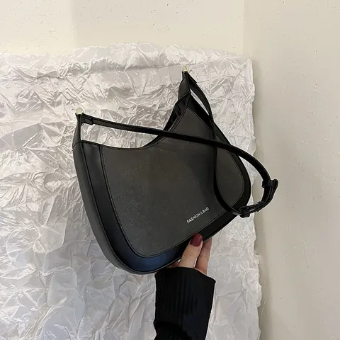 Minimalist Women PU Leather Suede Patchwork Underarm Bag Half Moon Shoulder Bag With Adjustable Strap Casual Tote Bag