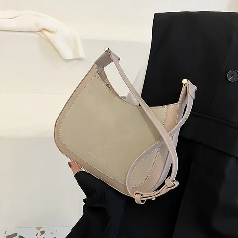 Minimalist Women PU Leather Suede Patchwork Underarm Bag Half Moon Shoulder Bag With Adjustable Strap Casual Tote Bag