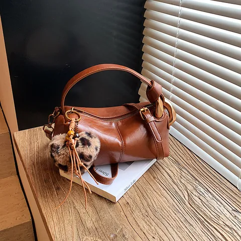 Vintage Women Shoulder Crossbody Bag Korean Style PU Suede Wide Strap Pillow Bag With Leopard Plush Heart Charm Commute Tote