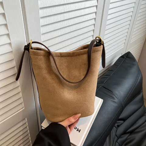 Bolso de Cubo de Gamuza Retro para Mujer Estampado de Leopardo Color Sólido Bolso de Hombro Correa de Cuero Ajustable Moda Casual
