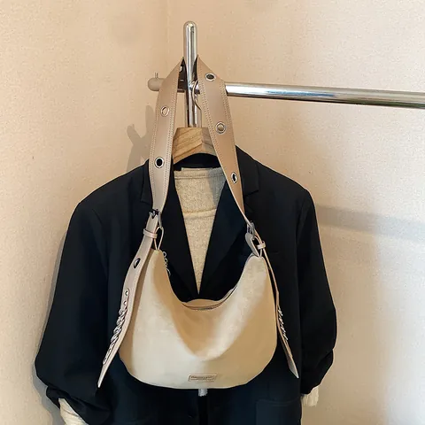 Women Korean Style Matte PU Suede Hobo Bag Vintage Half Moon Shoulder Bag With Grommet Strap Fashion Crossbody Bag