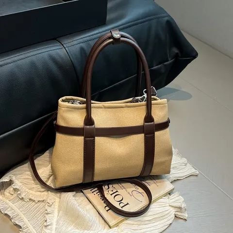 Vintage Damen Einkaufstasche Segeltuch Und PU Leder Spleißen Große Kapazität Einfache Retro Schulterhandtasche Für Den Täglichen Büro Pendeln