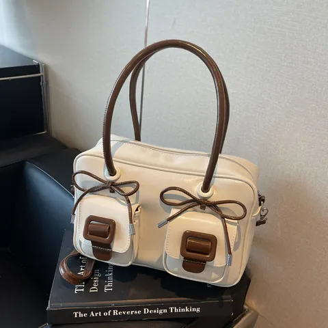 Women's Fashion PU Leather Shoulder Bag Large Capacity Bow Tie Underarm Bag Retro Casual Commute Handbag With Strap