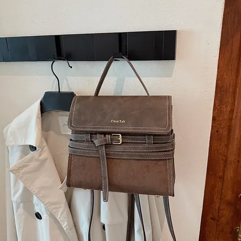 Vintage Frosted Suede Splicing Backpack For Women Retro Multi-Functional Flap Shoulder Crossbody Satchel Handbag With Belt Buckle