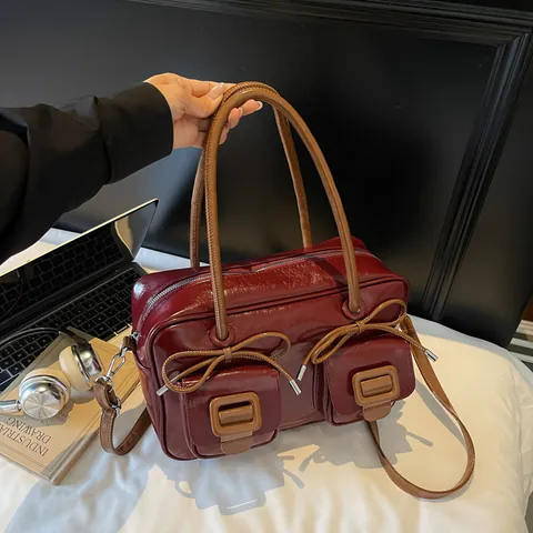 Women's Fashion PU Leather Shoulder Bag Large Capacity Bow Tie Underarm Bag Retro Casual Commute Handbag With Strap