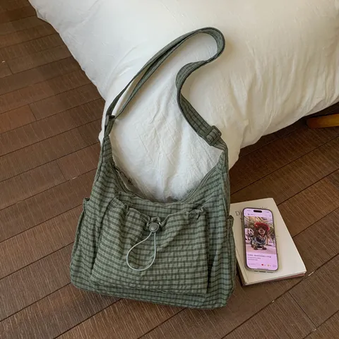 Women's Grid Pattern Large Capacity Shoulder Bag Nylon Canvas Crossbody Bag Drawstring Pocket Casual Tote Hobo Bag