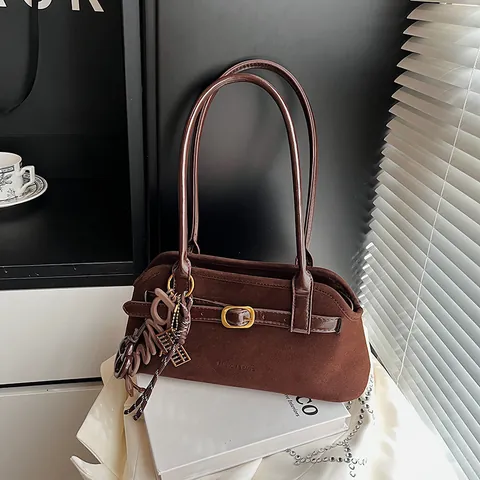 Women Retro Suede PU Leather Shoulder Bag Minimalist Underarm Bowling Bag Belt Buckle Pendants Casual Crossbody Bag Daily