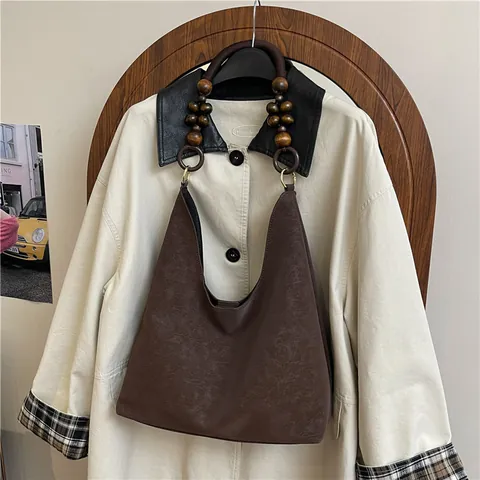 Women's Vintage Velvet Hobo Bag With Wood Bead Handle Large Capacity Shoulder Bag Solid Color Casual Underarm Tote Bag