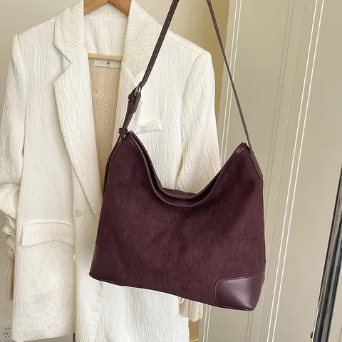 Vintage Suède Textuur Polyester Tote Bag Voor Vrouwen Grote Capaciteit Hobo Schoudertas Met Verstelbare Riem En Kralen Hanger