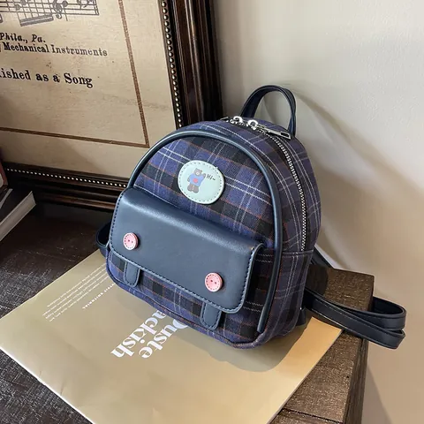 Zaino Vintage Mini in Denim a Quadri e Righe per Donne Studentesse Simpatico Orsetto Patch Pelle PU Giunzione Zainetto