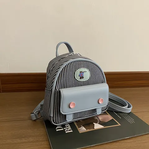 Zaino Vintage Mini in Denim a Quadri e Righe per Donne Studentesse Simpatico Orsetto Patch Pelle PU Giunzione Zainetto