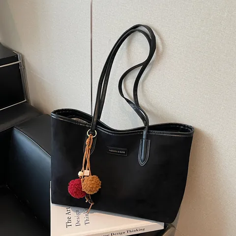 Bolso Tote de Gamuza Sintética Cuero PU Gran Capacidad para Mujer Bolso de Hombro Minimalista Vintage Con Colgante