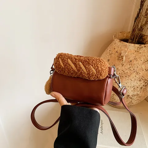 Women Creative Mini Cylindrical PU Leather Crossbody Bag With Baguette Plush Handle And Biscuit Pendant Cute Fashion Shoulder Bag