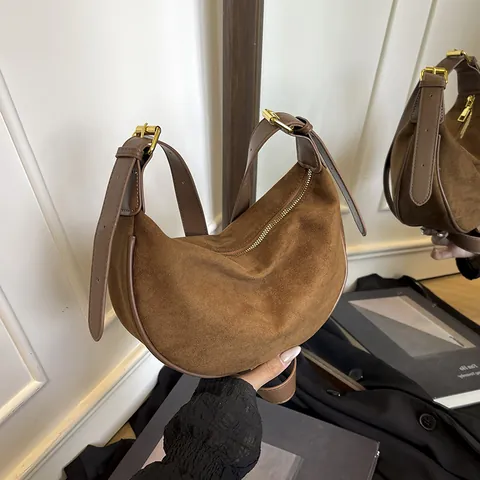 Bolso Hobo de Media Luna Vintage para Mujer Aspecto de Ante Poliéster Bolso de Hombro Con Correa Ajustable Color Sólido