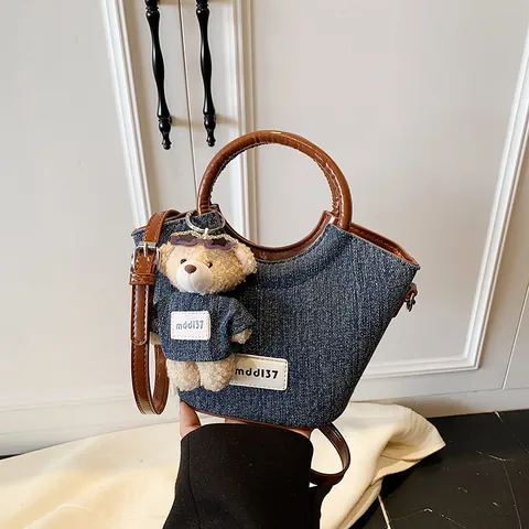 Women Denim Bucket Bag With Teddy Bear Charm PU Leather Splicing Stitching Casual Crossbody Shoulder Bag Daily Travel Fashion Handbag