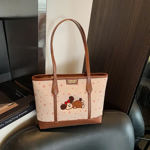 Borsa Tote da Donna con Ricamo Animale Cartone Animato Pois Tela PU Patchwork Grande Capacità Borsa a Tracolla Casual Pendolare