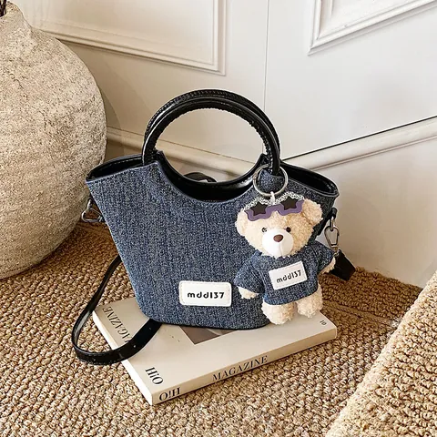 Women Denim Bucket Bag With Teddy Bear Charm PU Leather Splicing Stitching Casual Crossbody Shoulder Bag Daily Travel Fashion Handbag