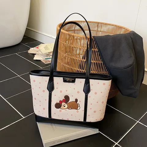Borsa Tote da Donna con Ricamo Animale Cartone Animato Pois Tela PU Patchwork Grande Capacità Borsa a Tracolla Casual Pendolare