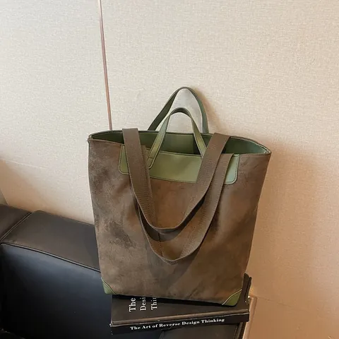 Women Large Capacity Suede Tote Bag Japanese Casual Simple Stitching Handbag Fashion Shoulder Bag For Commuting Everyday