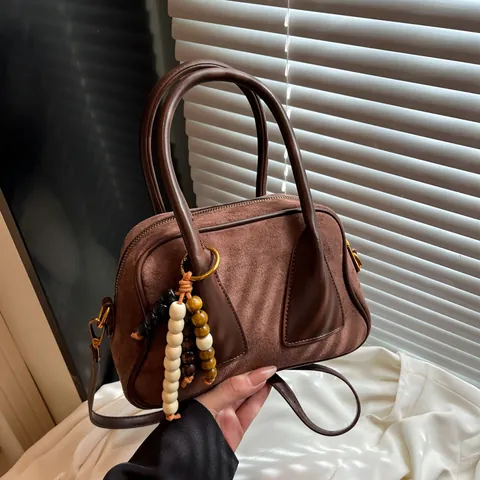Vintage Suede Patchwork Boston Bag For Women With Beaded Charm Retro Shoulder Crossbody Handbag Casual Fashion Daily Purse