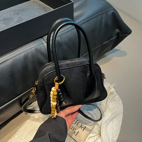 Vintage Suede Patchwork Boston Bag For Women With Beaded Charm Retro Shoulder Crossbody Handbag Casual Fashion Daily Purse