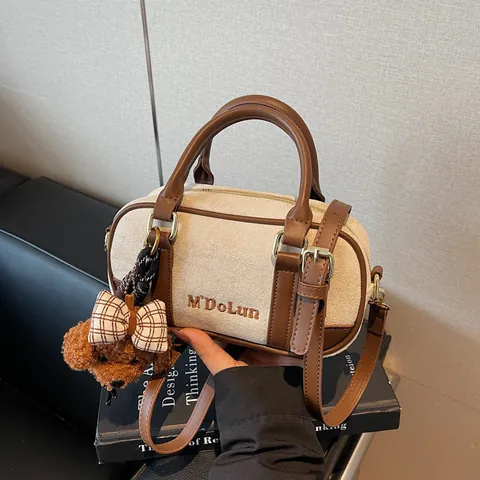 Women Retro PU Leather Boston Bag Large Capacity Handbag Crossbody Pillow Bag With Plush Pendant Commuting Shoulder Bag