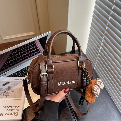 Women Retro PU Leather Boston Bag Large Capacity Handbag Crossbody Pillow Bag With Plush Pendant Commuting Shoulder Bag