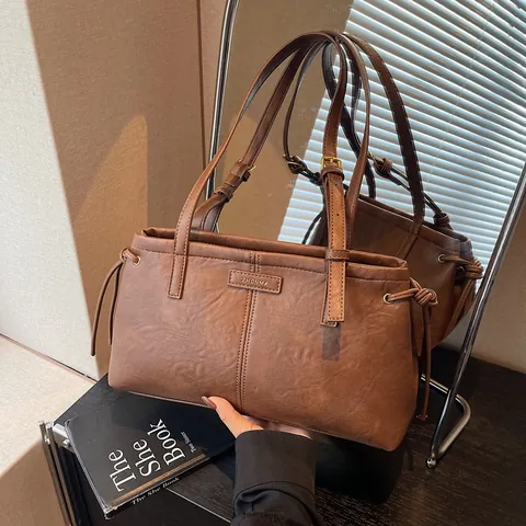Women Retro PU Leather Underarm Shoulder Bag Large Capacity Adjustable Strap Drawstring Fashion Commuter Handbag Tote